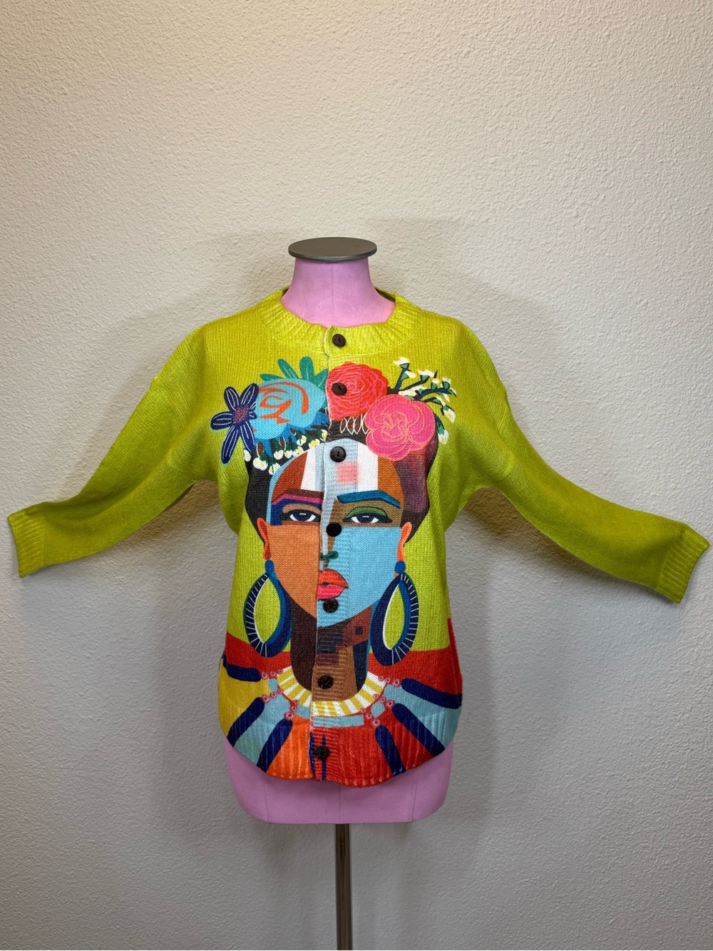 Colorful Art Knit Sweater XL Abstract Face Floral Wearable Art Statement - Picture 2 of 9